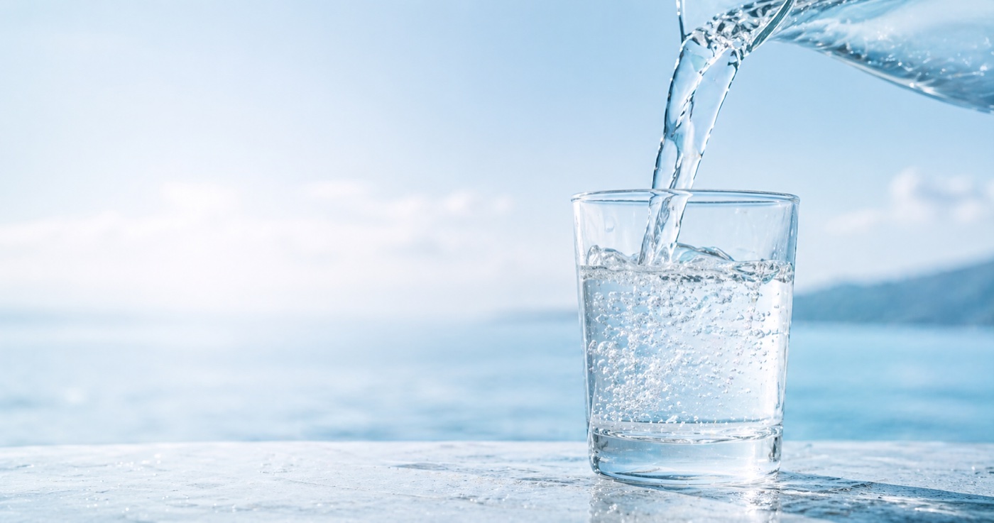 유리잔에 따르는 깨끗한 물 — CS TECH 정수·여과 솔루션